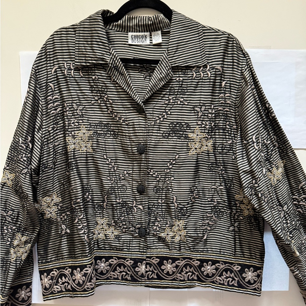 Chico's Black and White Striped Silk Jacket Top. Chicos Size 2 (M-L)